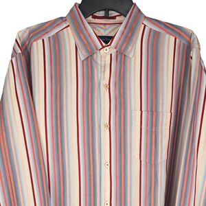 Tommy Bahama Mens Large Blue Gray Stripe Button Up Shirt 100% Silk Long Sleeve